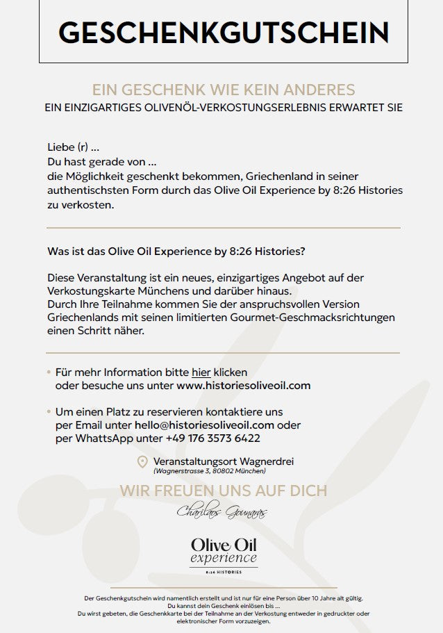 8:26 Histories Geschenkgutschein Olive Oil Experience