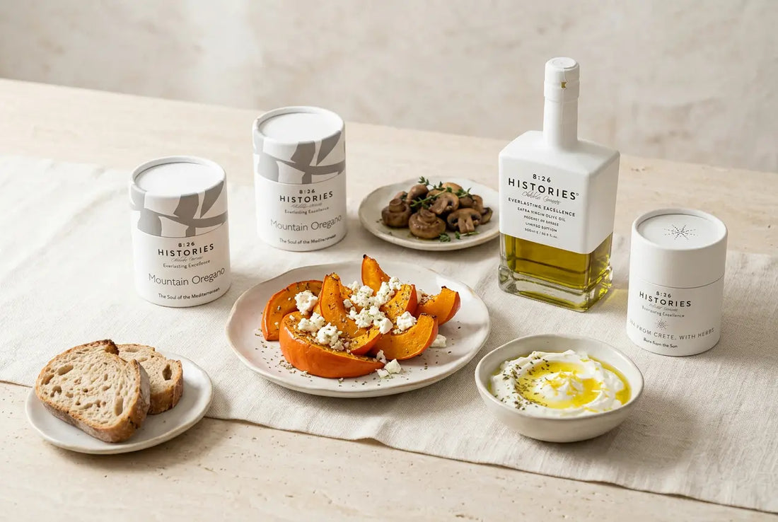 Griechische Mezze-Tafel mit Kürbis, Feta, Joghurt-Dip, Pilzen und Olivenöl, Kräutern und Salz von 8:26 Histories