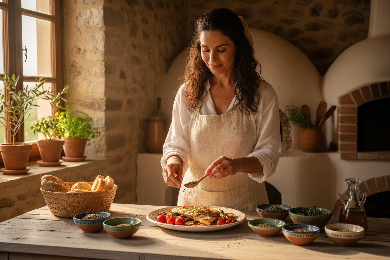 Kräuter aus Kreta – Frau beim Kochen